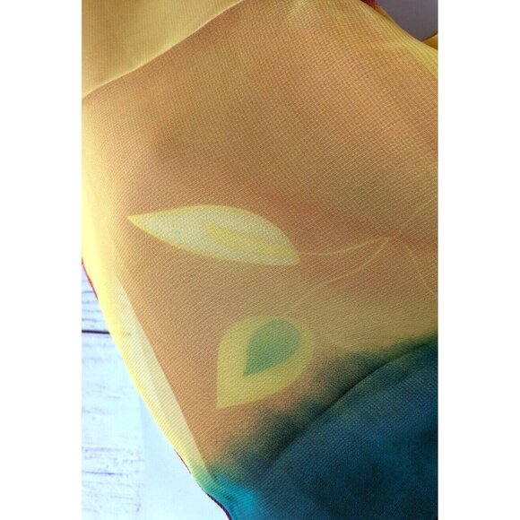 New Fennysun Woman Square Scarf Ombre Red Blue Yellow Crepe Lightweight 26*26" - Picture 4 of 10